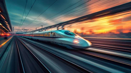 Foto op Canvas A sleek, high-speed bullet train moving along the tracks, its motion blurred against the stationary landscape © rao zabi