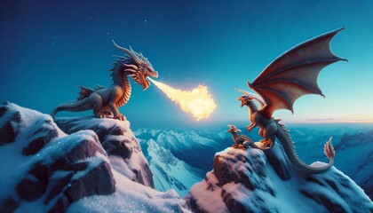 Two dragons engaged in a fiery duel on a snowy mountain