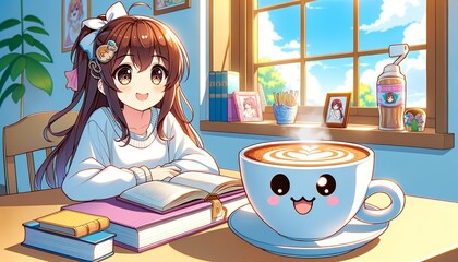 Anime girl studying with a large coffee mug on desk