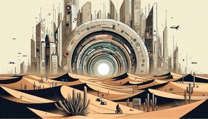 Futuristic Cityscape with Circular Structure in Desert