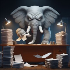 Frustrated elephant working at cluttered office desk