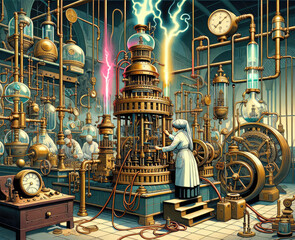 Steampunk Laboratory with Scientists and Intricate Machinery