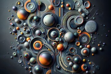 An abstract, alien-like composition with complex industrial details. Metallic machine parts, pipes, and robotic elements are mixed with luminous, glossy orbs in shades of gray, orange, and blue. - obrazy, fototapety, plakaty