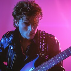 Guitarist, retro style pink background, 1980s leather jacket, man posing with a guitar