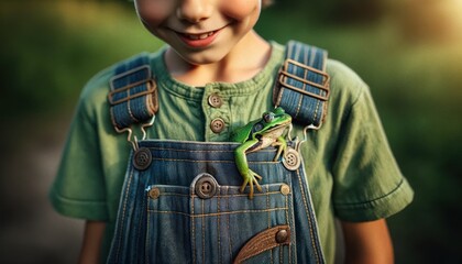 A child holding a green frog on their shoulder