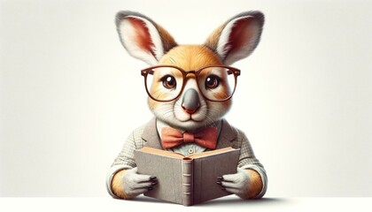 Anthropomorphic Rabbit Reading a Book with Glasses