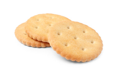 Tasty crispy round crackers isolated on white