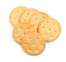 Tasty crispy round crackers isolated on white, top view