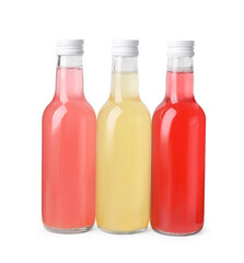 Delicious kombucha in glass bottles isolated on white