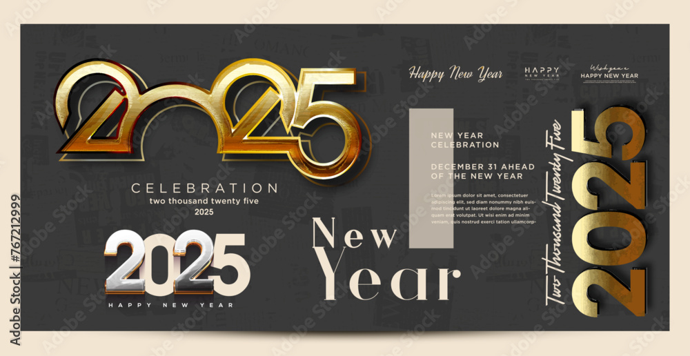 Wall mural New year 2025 poster. Number design with various concepts in one container on a dark background. Premium design for greetings, banners, posters, calendars or social media posts. - Wall murals