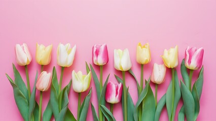 Spring tulip flowers on pastel pink background for greeting
