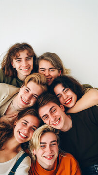 A group of friends. In the photo on a white background, be sure to leave space for text. The photo will symbolize friendship