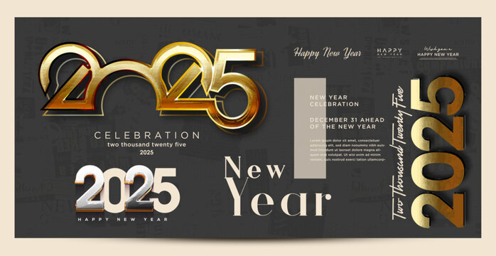 New year 2025 poster. Number design with various concepts in one container on a dark background. Premium design for greetings, banners, posters, calendars or social media posts.