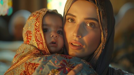 Portrait of a beautiful woman with a child in her arms. A religious woman with a child.