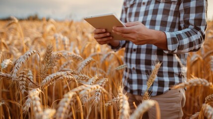 Man Standing in Wheat Field Holding Tablet - obrazy, fototapety, plakaty