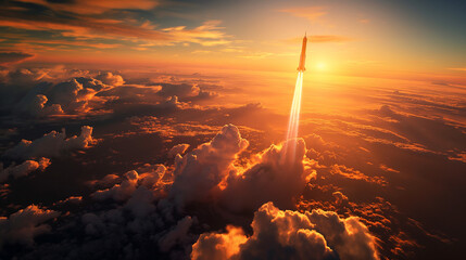 Rocket flying into space against the backdrop of a beautiful and bright sunset