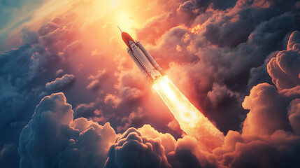 Rocket flying into space against the backdrop of a beautiful and bright sunset