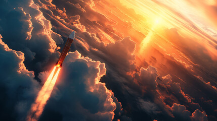 Rocket flying into space against the backdrop of a beautiful and bright sunset