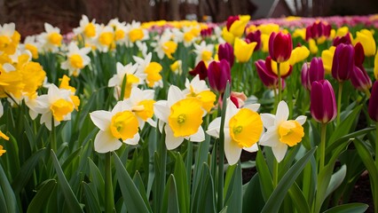 Obraz premium Springtime flower bed with daffodils and tulips