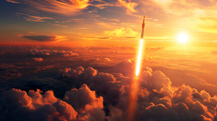 Rocket flying into space against the backdrop of a beautiful and bright sunset