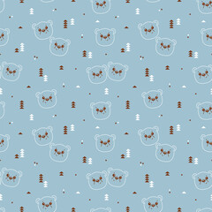 Cute Bear and Trees Seamless Blue Pattern. Forest Pattern. Line Art Teddy Bear Face. Baby design. Vector illustration
