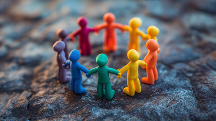 Plasticine men stand in a circle holding hands. Displaying friendship and love