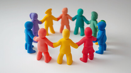Plasticine men stand in a circle holding hands. Displaying friendship and love