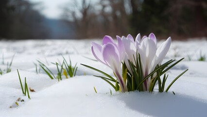 Start of spring symbolized by crocus flower emerging from snow