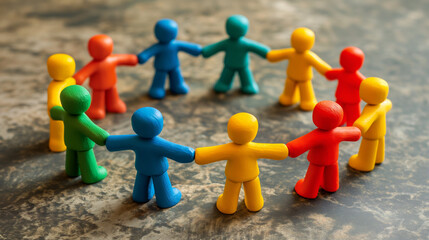 Plasticine people stand in a circle holding hands. Displaying friendship and love
