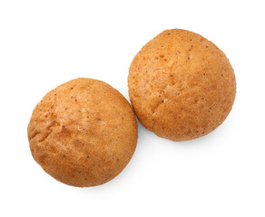 Fresh hamburger buns isolated on white, top view