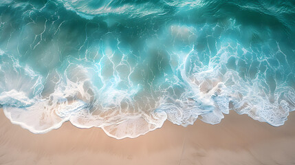 Obraz premium Overhead shot of sandy beach and sea waves, minimalist, pastel shades, background style, artwork, seascape, photorealistic
