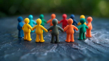 Plasticine men stand in a circle holding hands. Displaying friendship and love