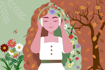 Serene Woman With Floral Crown Enjoying Nature in a Colorful Autumn and Spring Setting, while enjoying music
