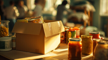 Large box with products from charity for pensioners and low-income people