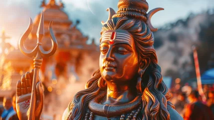 Fotobehang Statue of head of indian hindu Lord Shiva hand holding Trident sitting on mountaint in sunset sunris © JovialFox