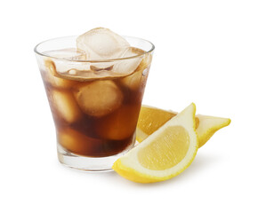 Iced coffee in glass and cut lemon isolated on white