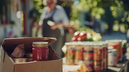 Large box with products from charity for pensioners and low-income people