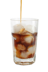 Pouring coffee into glass of ice cubes on white background