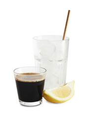Coffee and ice cubes in different glasses, cut lemon isolated on white