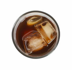Iced coffee in glass isolated on white, top view