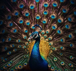 Obraz premium Portrait of beautiful peacock with feathers out. Close up.