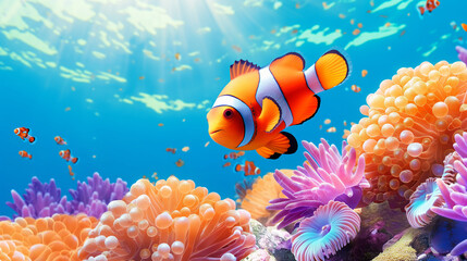 Fototapeta na wymiar Bright clown fish swims among a variety of corals in the bright blue ocean