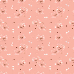 Cute Dogs and Cats Seamless Pattern. Pink Pattern of Line Art Cat and Dog Faces for baby design. Vector illustration