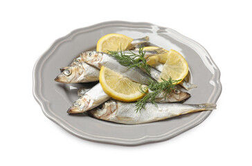 Fresh raw sprats, dill and cut lemon isolated on white