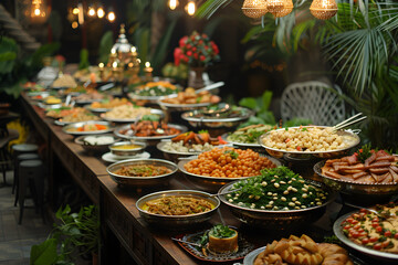 Naklejka premium Setup of the iftar buffet during Ramadan, a traditional Muslim evening feast to break the fast.