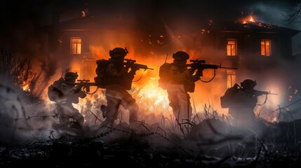 Silhouettes of army soldiers in the fog, surrounded fire and smoke, shooting with assault rifle and  - obrazy, fototapety, plakaty