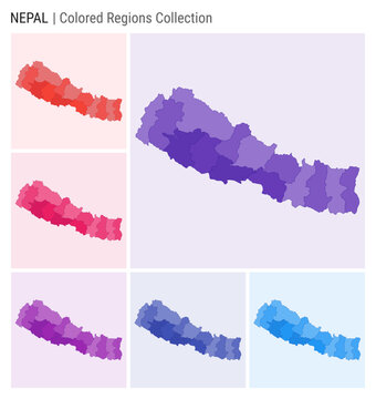 Nepal map collection. Country shape with colored regions. Deep Purple, Red, Pink, Purple, Indigo, Blue color palettes. Border of Nepal with provinces for your infographic. Vector illustration.