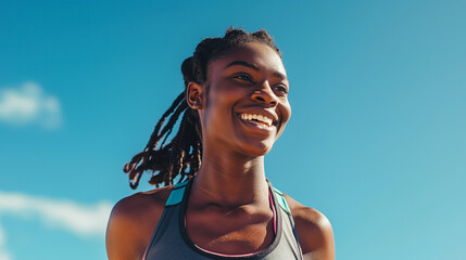 Fitness athlete during running, exercise and marathon training. Clear sky in the background