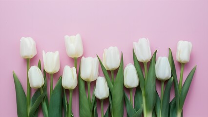 StockImage White tulips flowers on sheet paper over light pink background