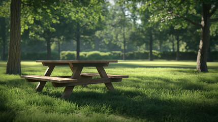 Empty wooden picnic table on a summer meadow. Beautiful trees in the background - obrazy, fototapety, plakaty